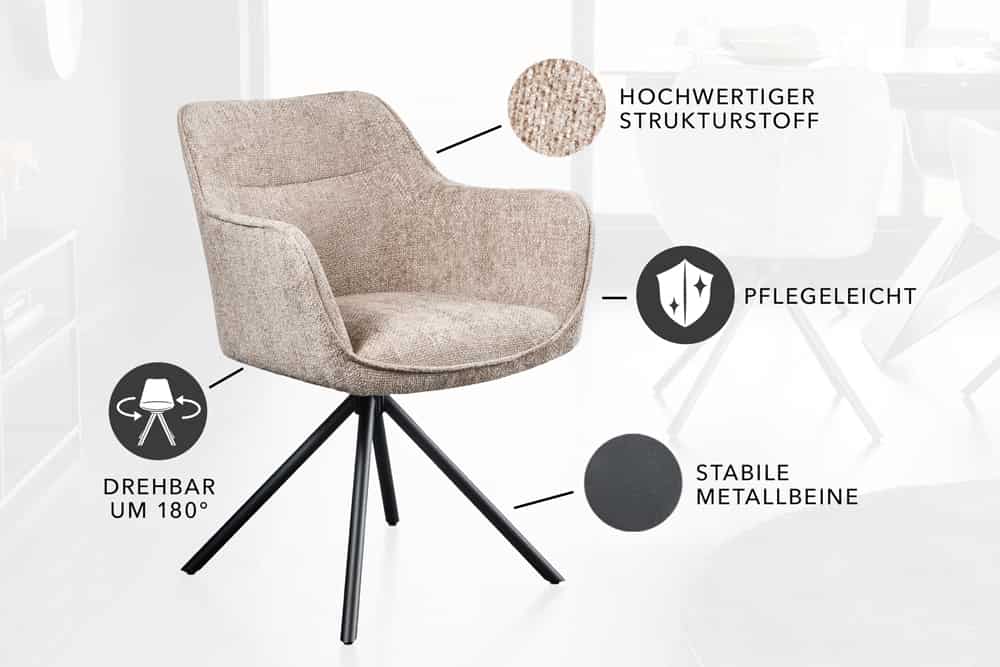 Drehbarer Stuhl VERONA champagner beige Strukturstoff mit Armlehne Metallbeine schwarz