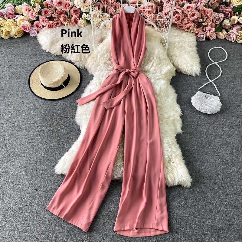 Yearnin - Mouwloze jumpsuit met strikceintuur en wijde pijpen