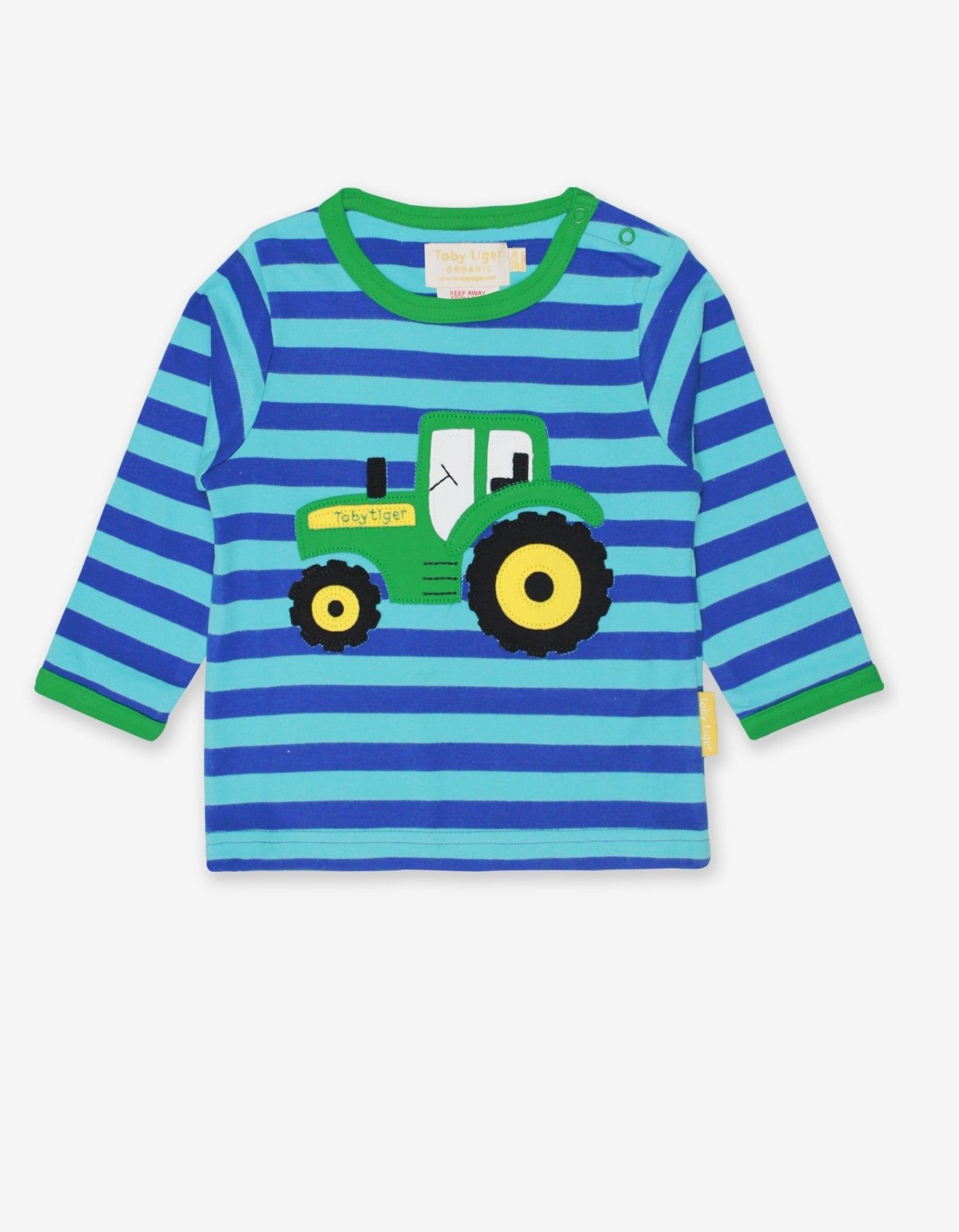 Toby Tiger Baby Langarmshirt, gestreift mit Traktor Applikation