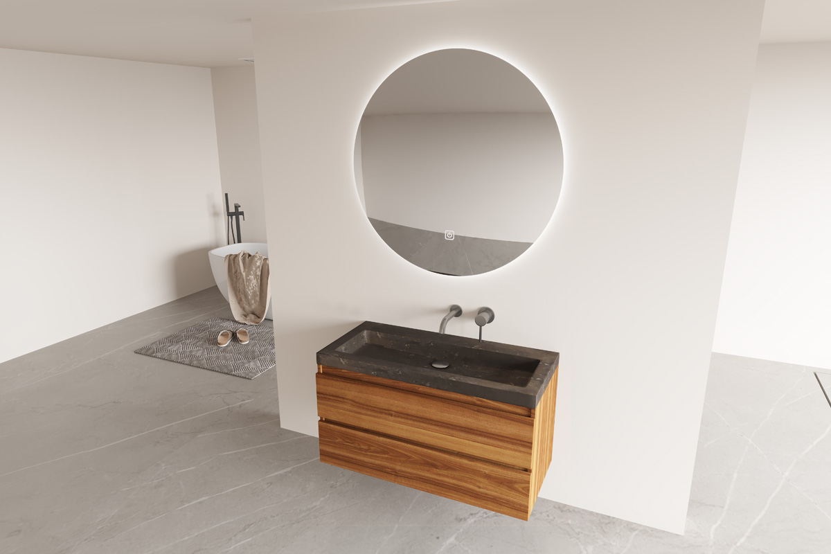 Fontana Freestone badkamermeubel walnoot 100cm met natuurstenen wastafel zonder kraangat en ronde spiegel