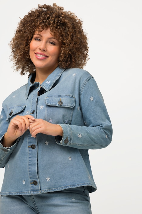 Jeansjacke, Oversized, Blütenstickerei, Hemdkragen