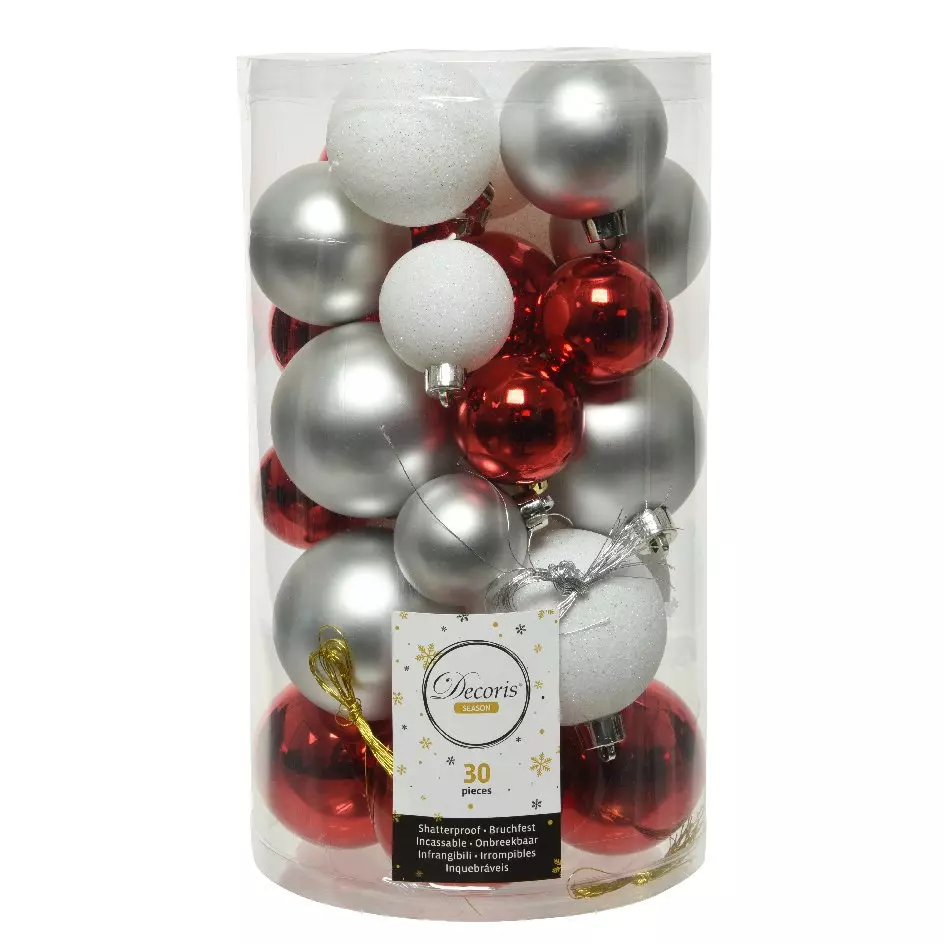 Lot de 30 boules de Noël Alpine mix couleurs Rouge / Argent