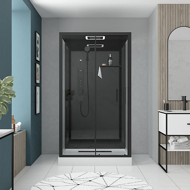 Cabine de douche hydrommassante connectée 90 x 115 cm, noir, Galedo Aura