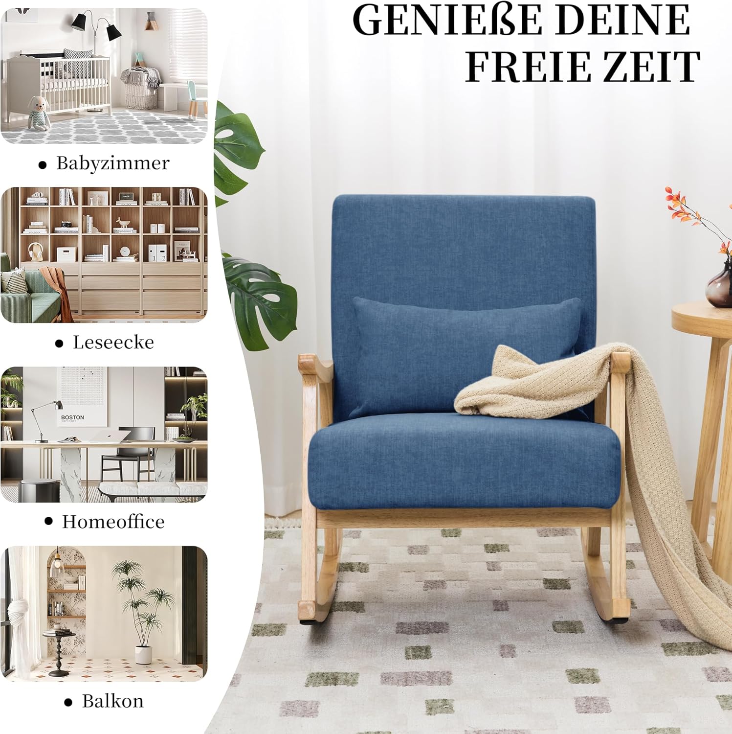 Mid-Century Modern Schaukelstuhl, Schaukelsessel mit Lendenkissen, Gepolsterter Stillsessel mit Holzarmlehnen & Holzbeinen, Bequemer Sessel für Wohnzimmer, Schlafzimmer & Babyzimmer, Blau