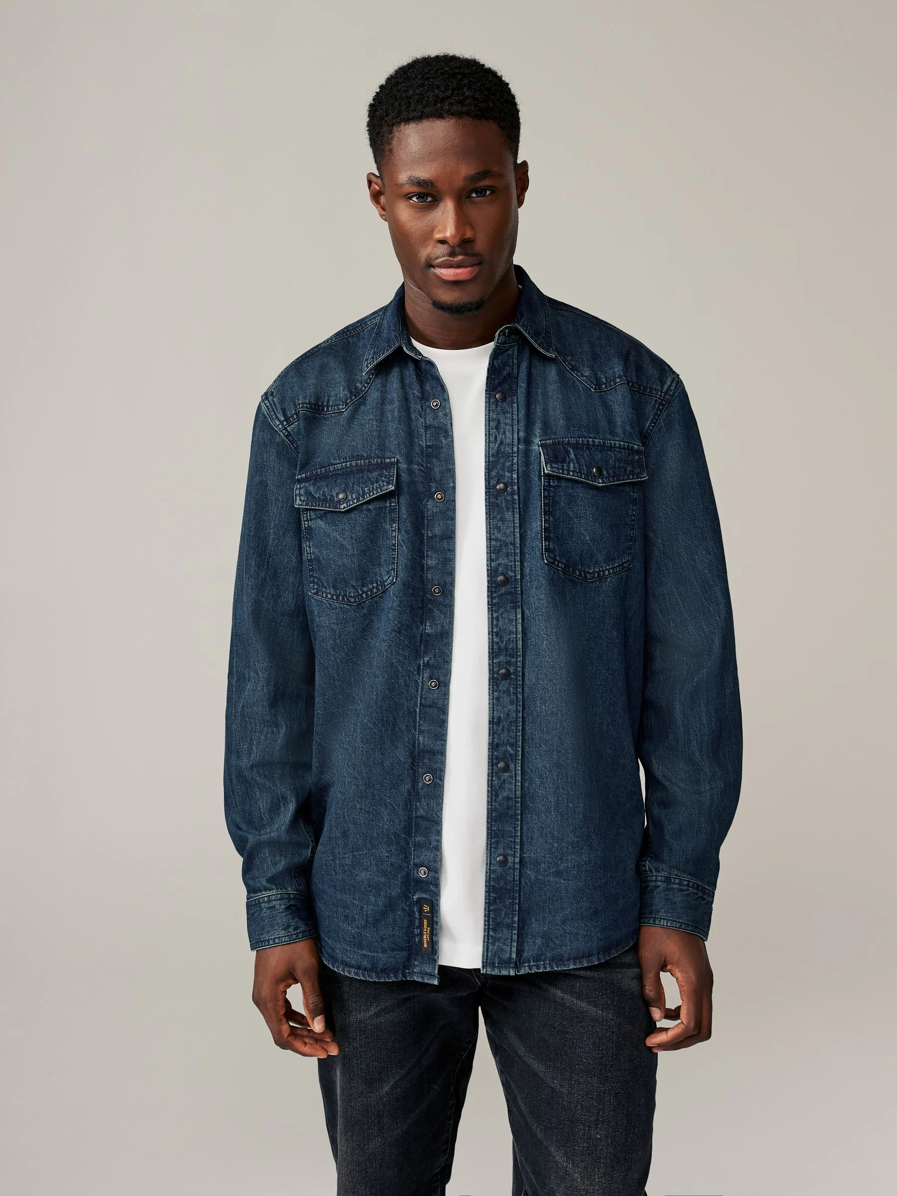 Donkerblauw - Denim Western 100% Cotton Long Sleeve Shirt