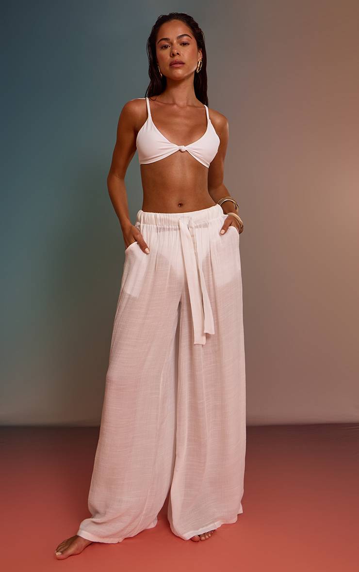 Blanc Pantalon De Plage Palazzo Aspect Lin