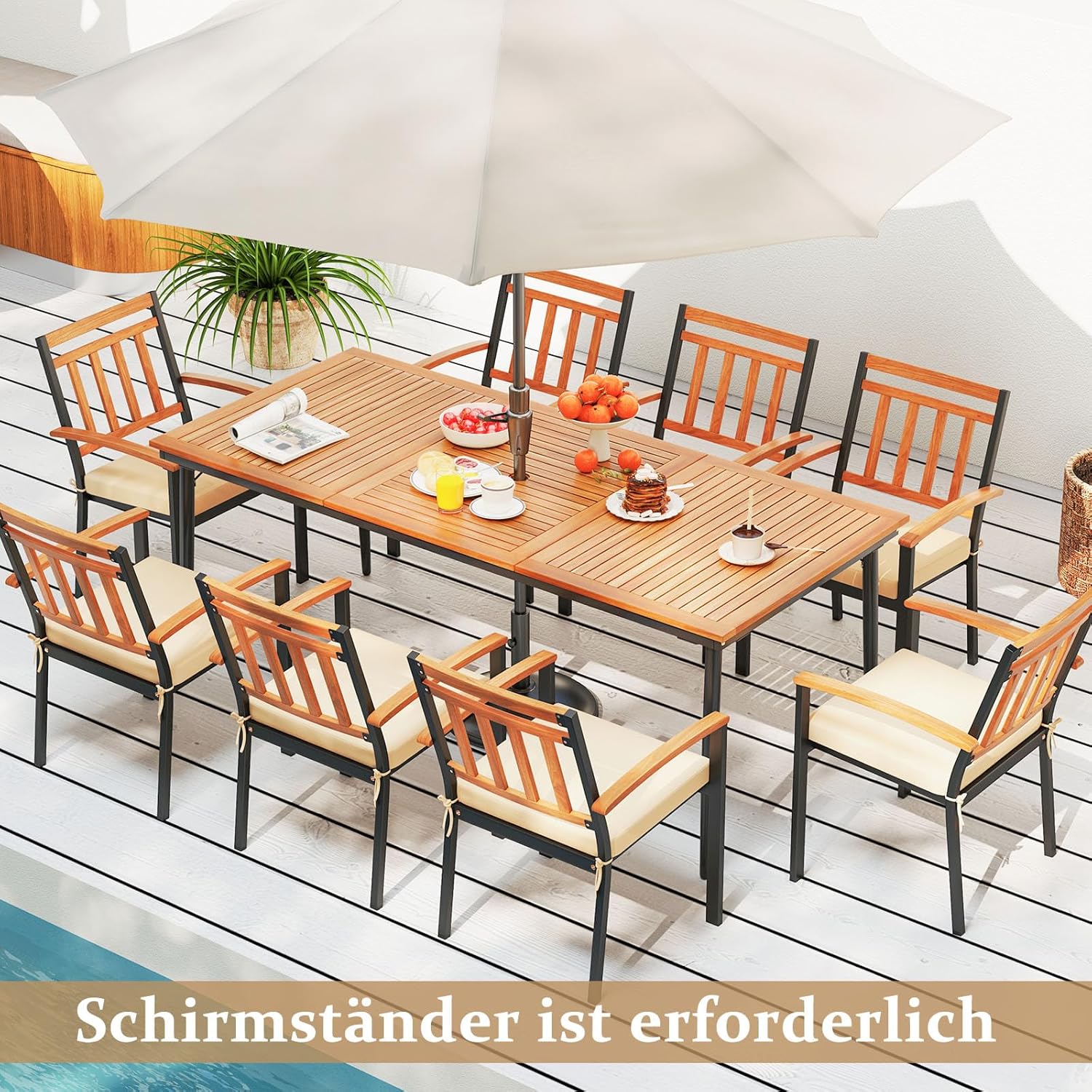 GOPLUS Gartentisch aus Akazienholz, 200×90cm Terrassentisch wetterfest mit 5cm Schirmloch, Esstisch rechteckig für 8 Personen, für Outdoor Garten Terrasse Hof (Modell C)