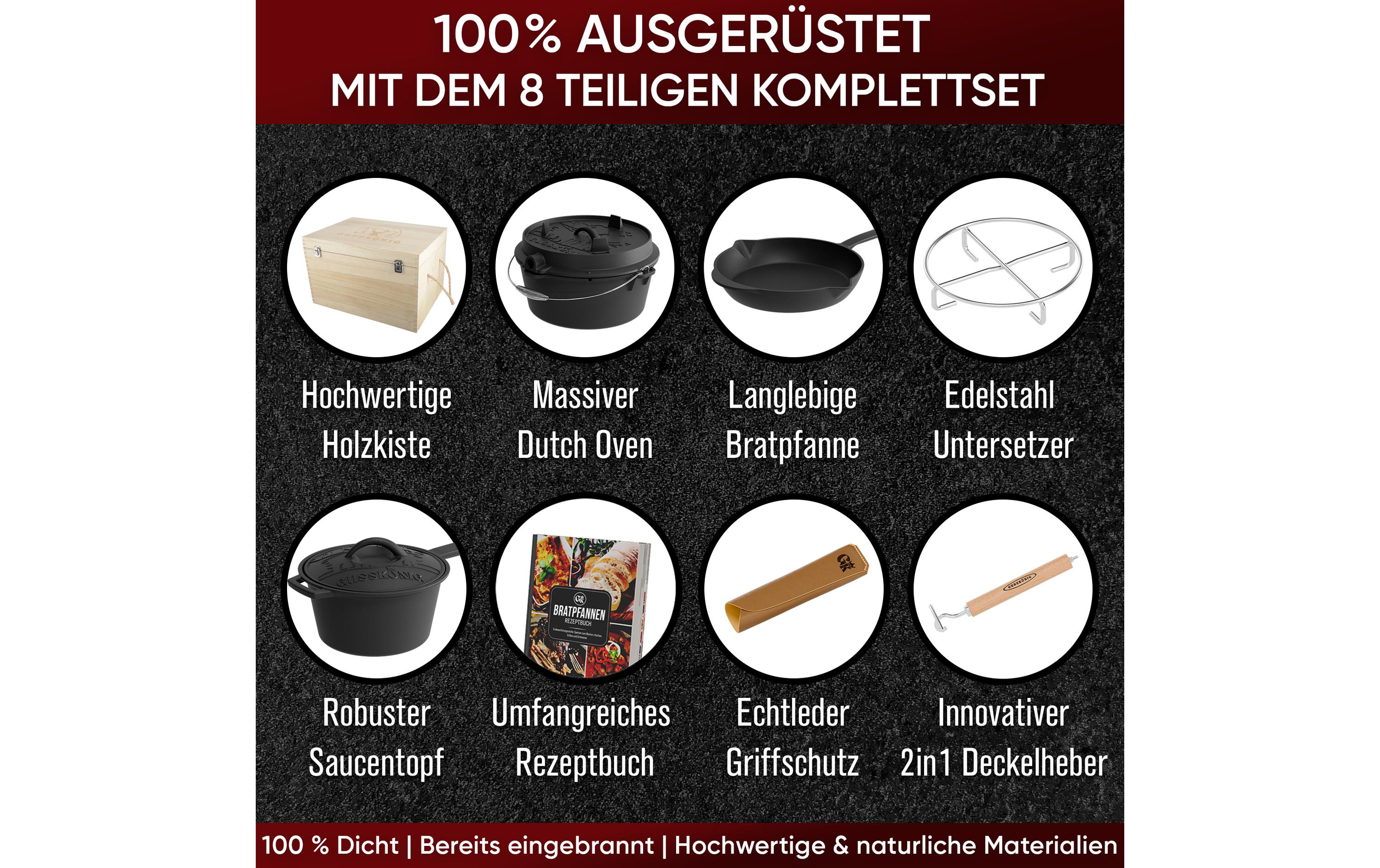 Gusseisen Set Holzbox 8-teilig<br>Kochset aus Gusseisen in Aufbewahrungsbox aus Holz
