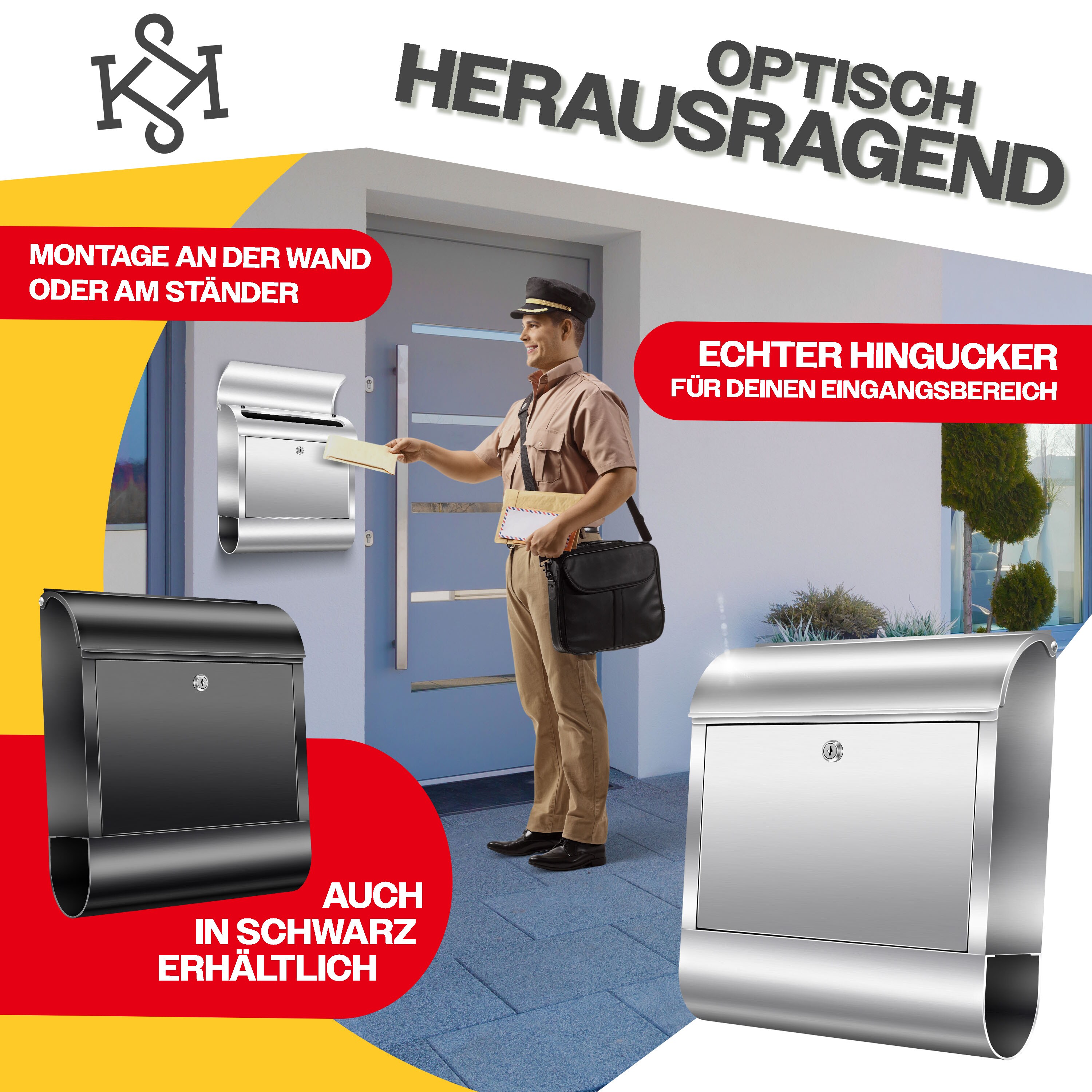 KESSER® XXL Briefkasten Edelstahl mit Zeitungsfach , gebürstet , 3x Schlüssel abschließbar , Pulverbeschichtet , Wandmontage , groß Front-Einwurf: DIN C4 = DIN A4, inkl. Montagematerial