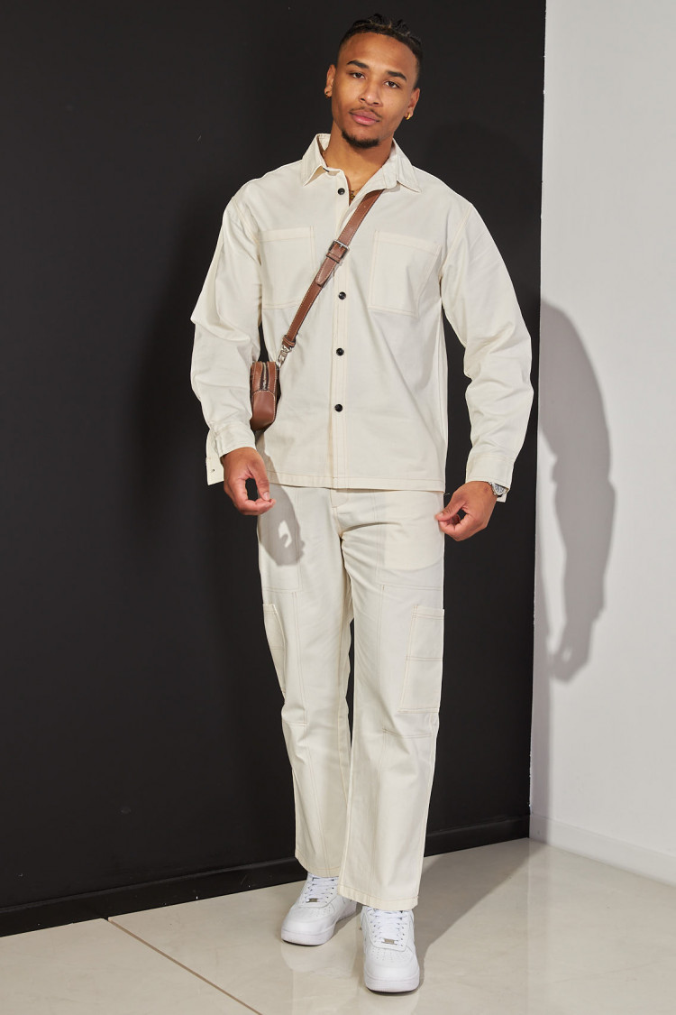 Ensemble 2 pièces chemise + pantalon beige à coutures apparente