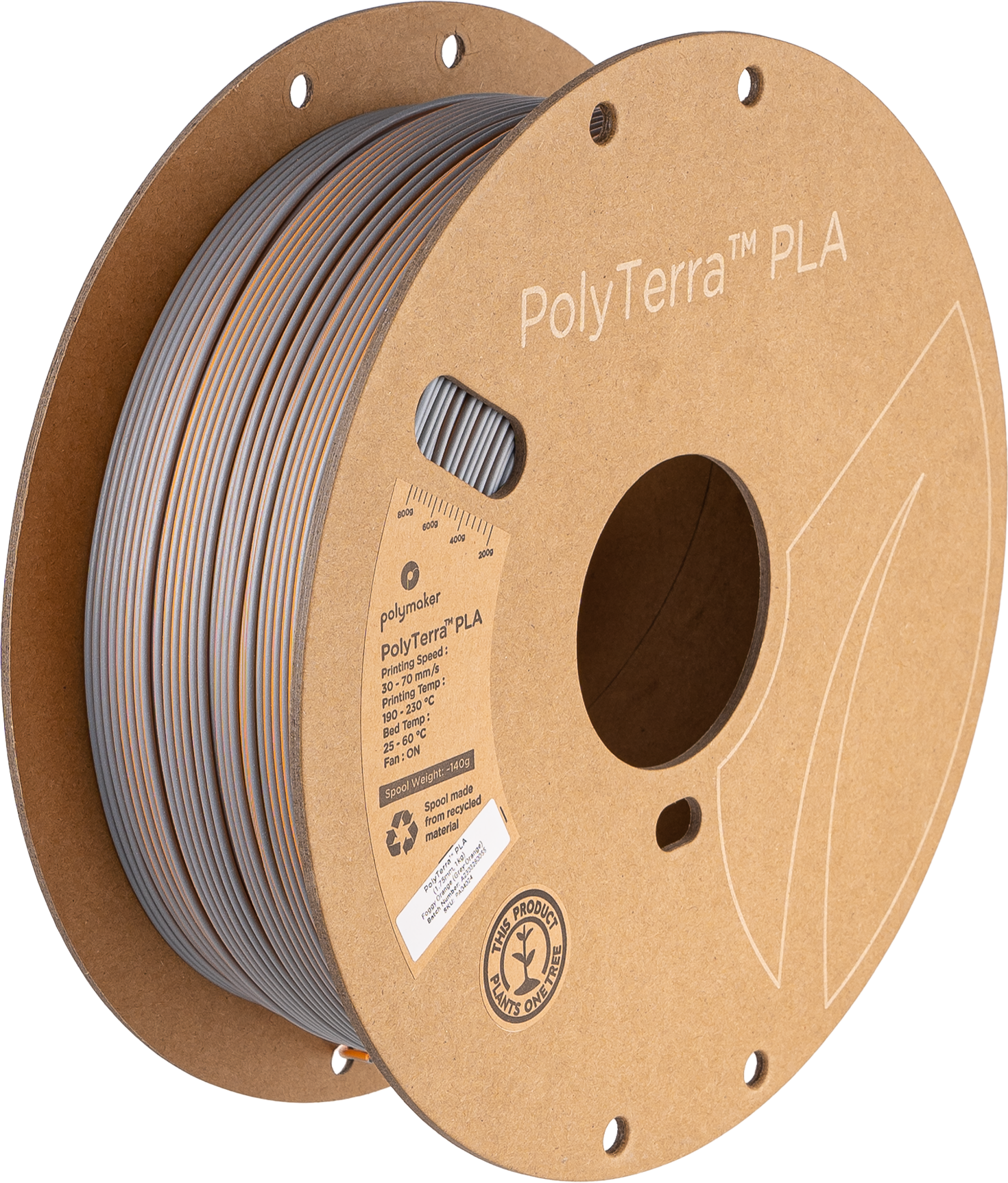 Polymaker  PolyTerra PLA Dual Foggy Orange Grey-Orange, 1,75 mm / 1000 g    Umweltfreundliches, zweifarbiges PLA-Filament mit mattem Finish