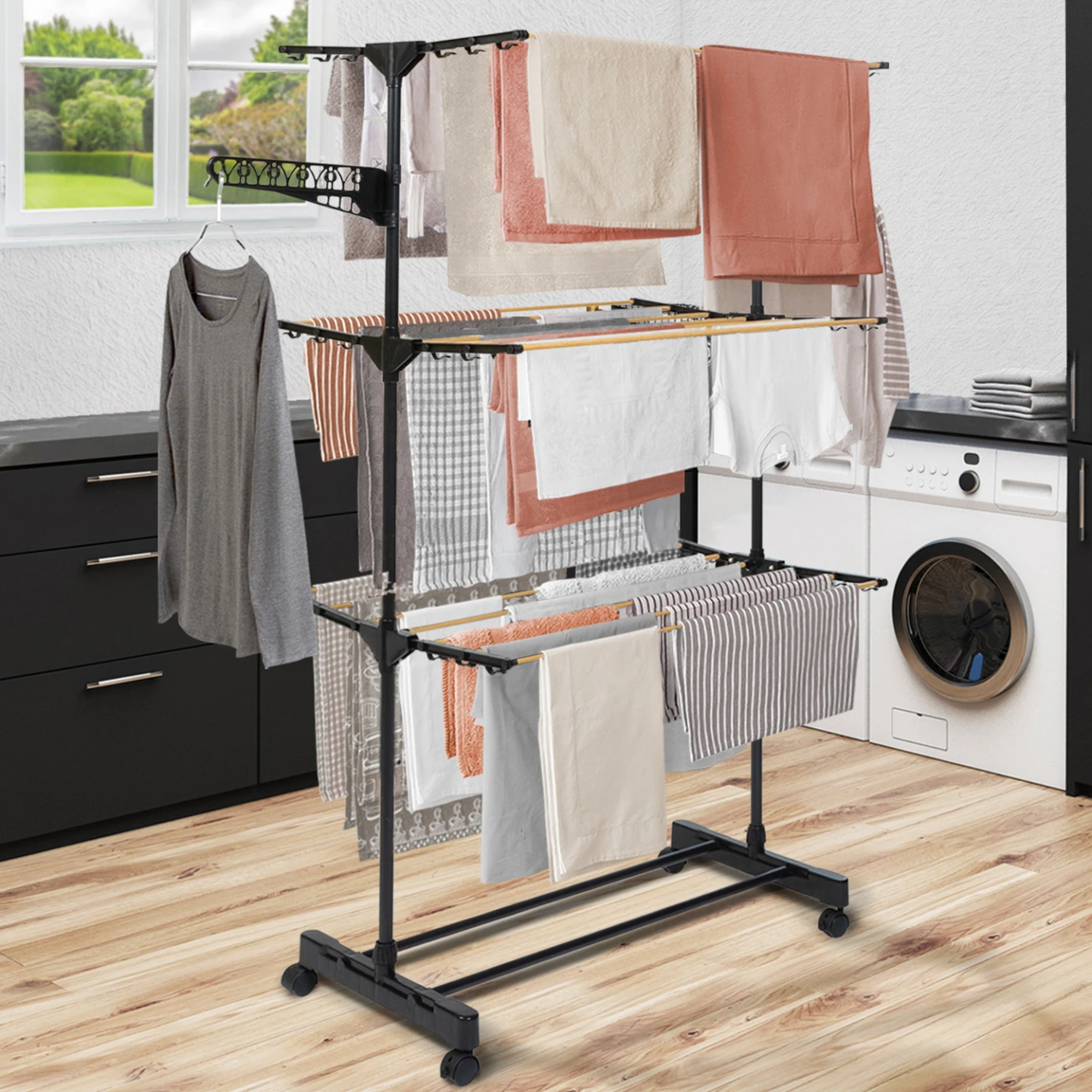 Séchoir à linge vertical pliable 3 niveaux MAXIMA capacité 20M noir et effet bois