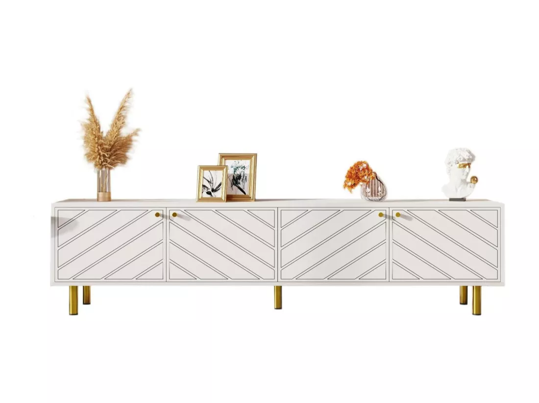 Meuble TV L 170cm - 4 portes - panneaux de particules & MDF - Blanc