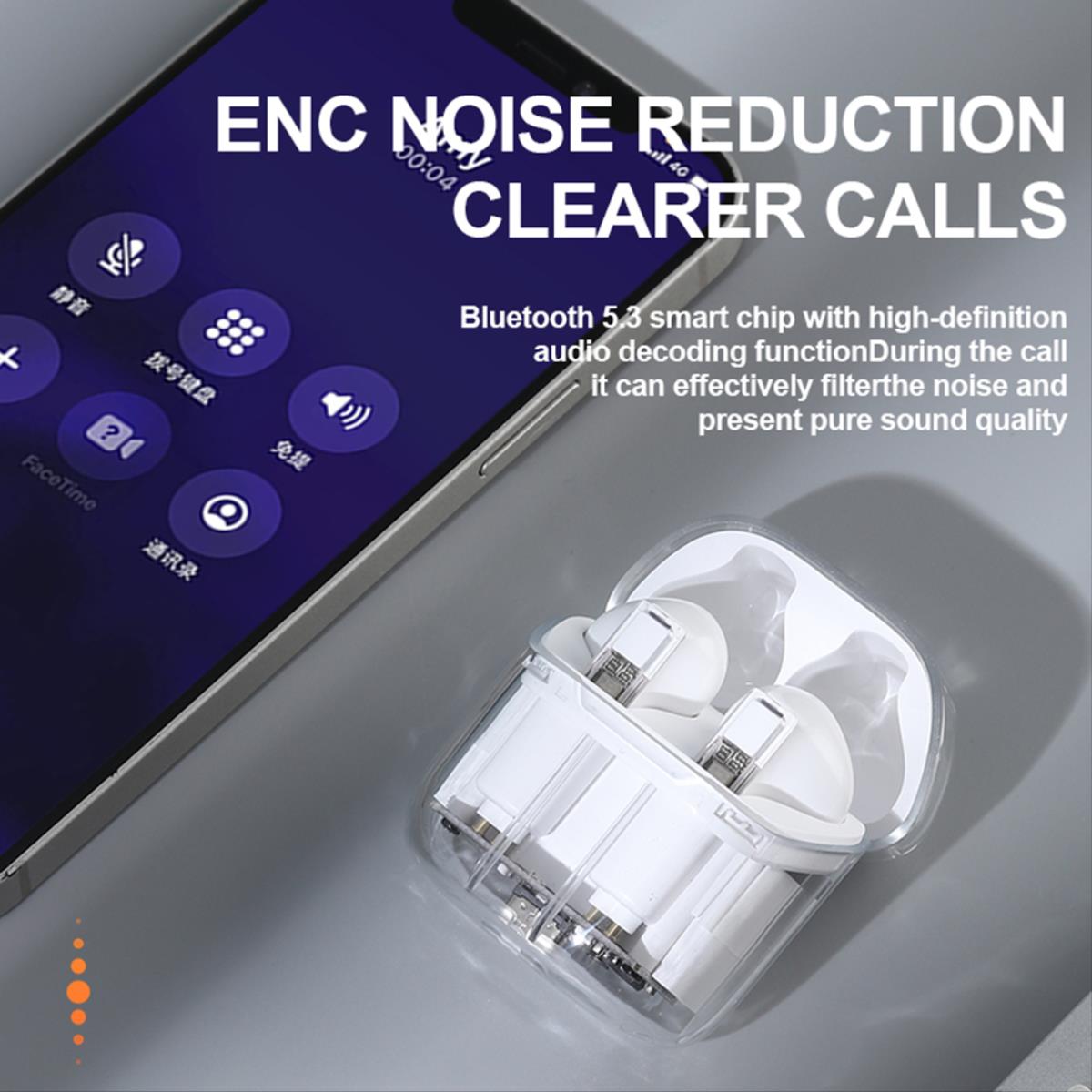 Fones de ouvido sem fio Smartek Bluetooth 5.0 transparentes com estojo de carregamento.