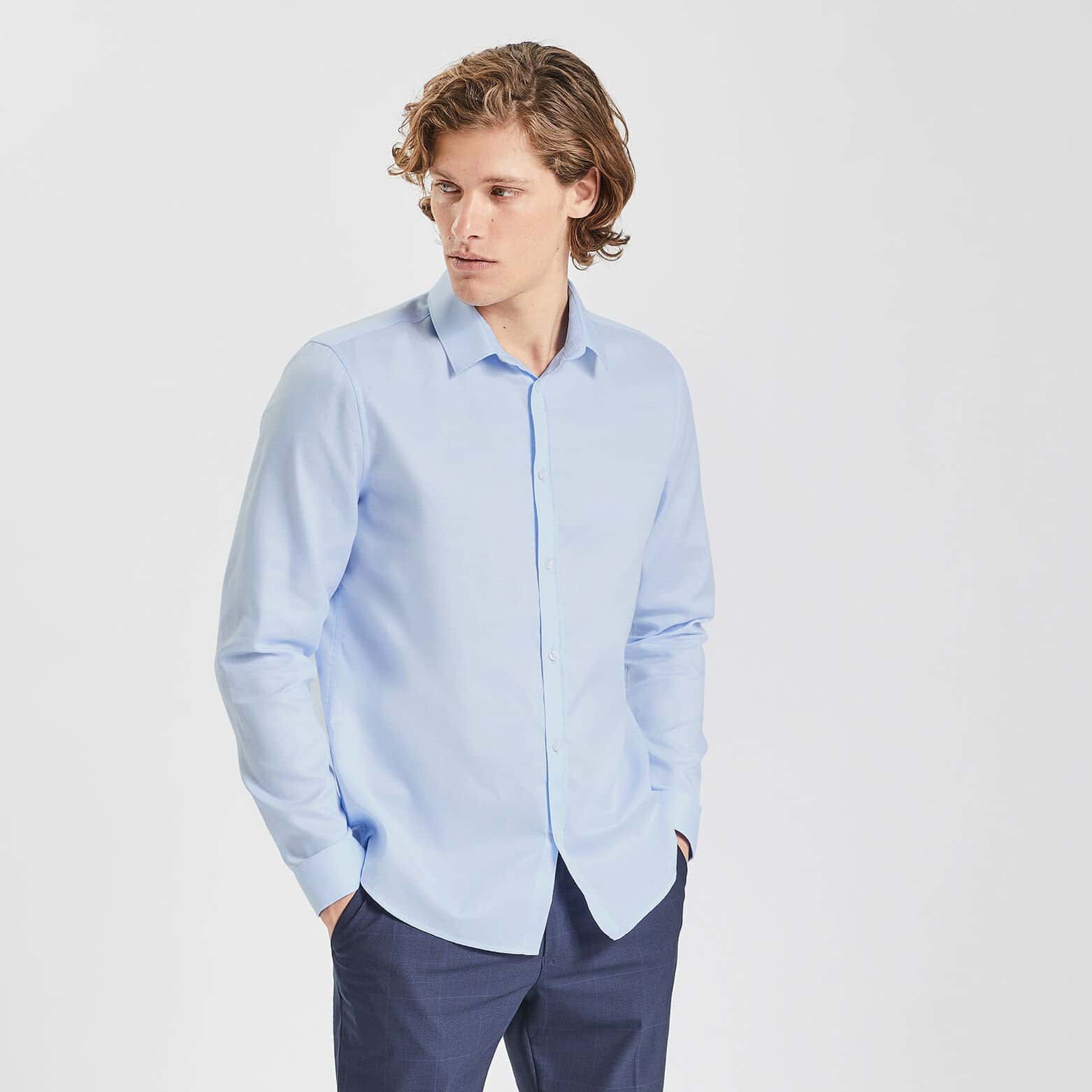 Chemise slim unie stay white/black coton Bleu clair