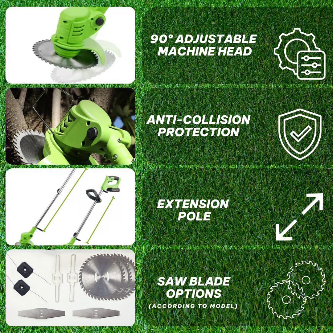 ROTORAZER 8 IN 1 Elektrische Motorsense, 2 Batterien 21V, Kantenschneider, Heckenschere, Rasenmäher, Verschiedenes Zubehör, 90° schwenkbarer Kopf (Mower+2Bat+3Blades)