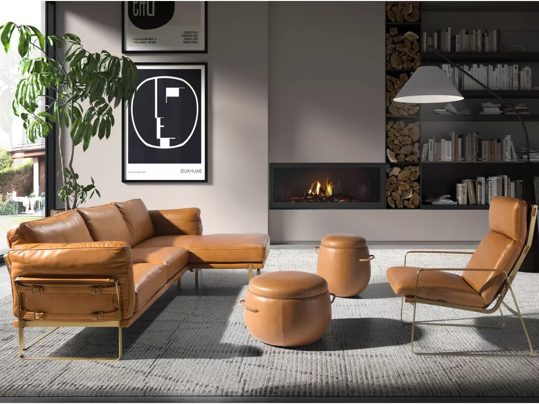 Chaise longue droite en cuir camel