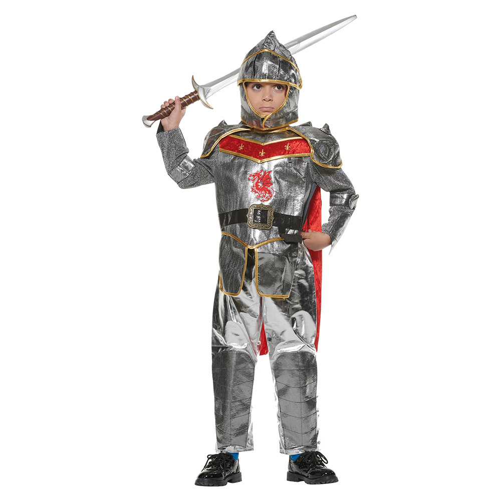 (130-135cm) Fasnachts Kinder Kostüm Mittelalterliche Ritter Verkleidung für Motto Partys / Halloween inkl. Stoff Helm - Silber