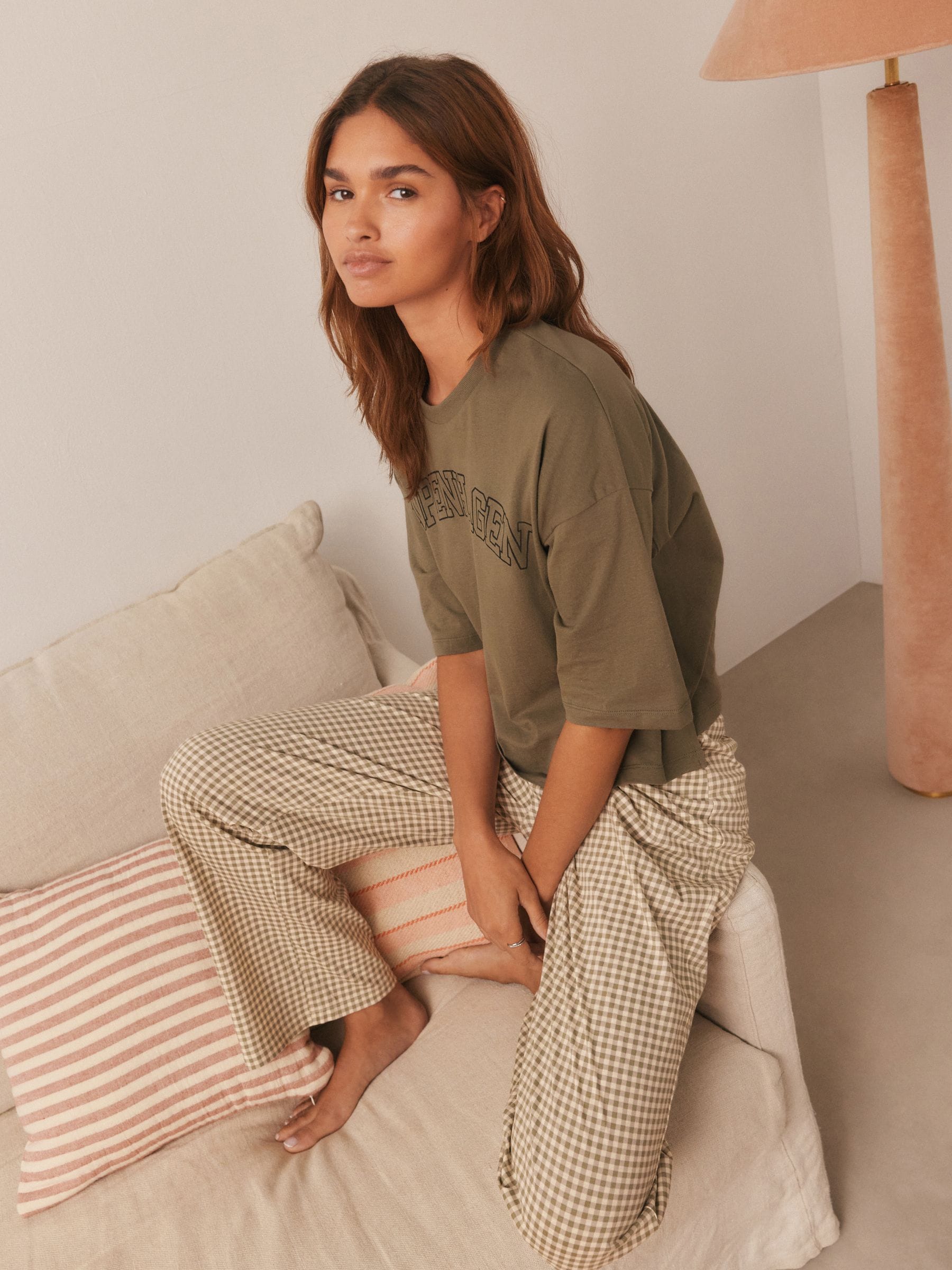 Saliegroen gingham - Katoenen pyjama met korte mouw