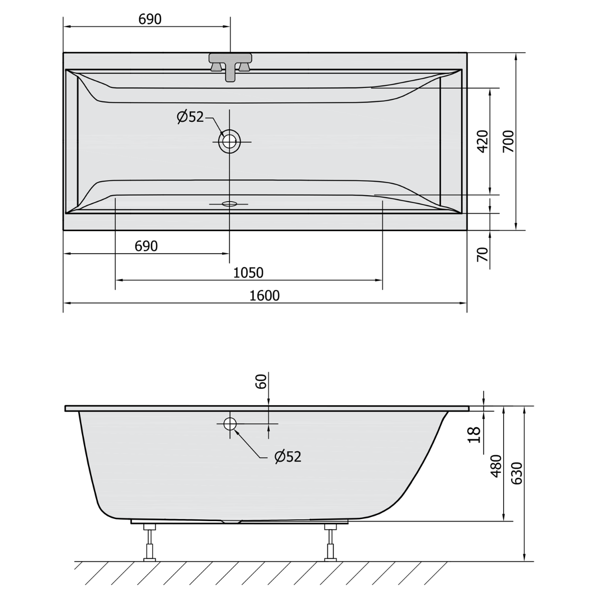 Polysan Cleo Slim ligbad 160x70x48cm wit