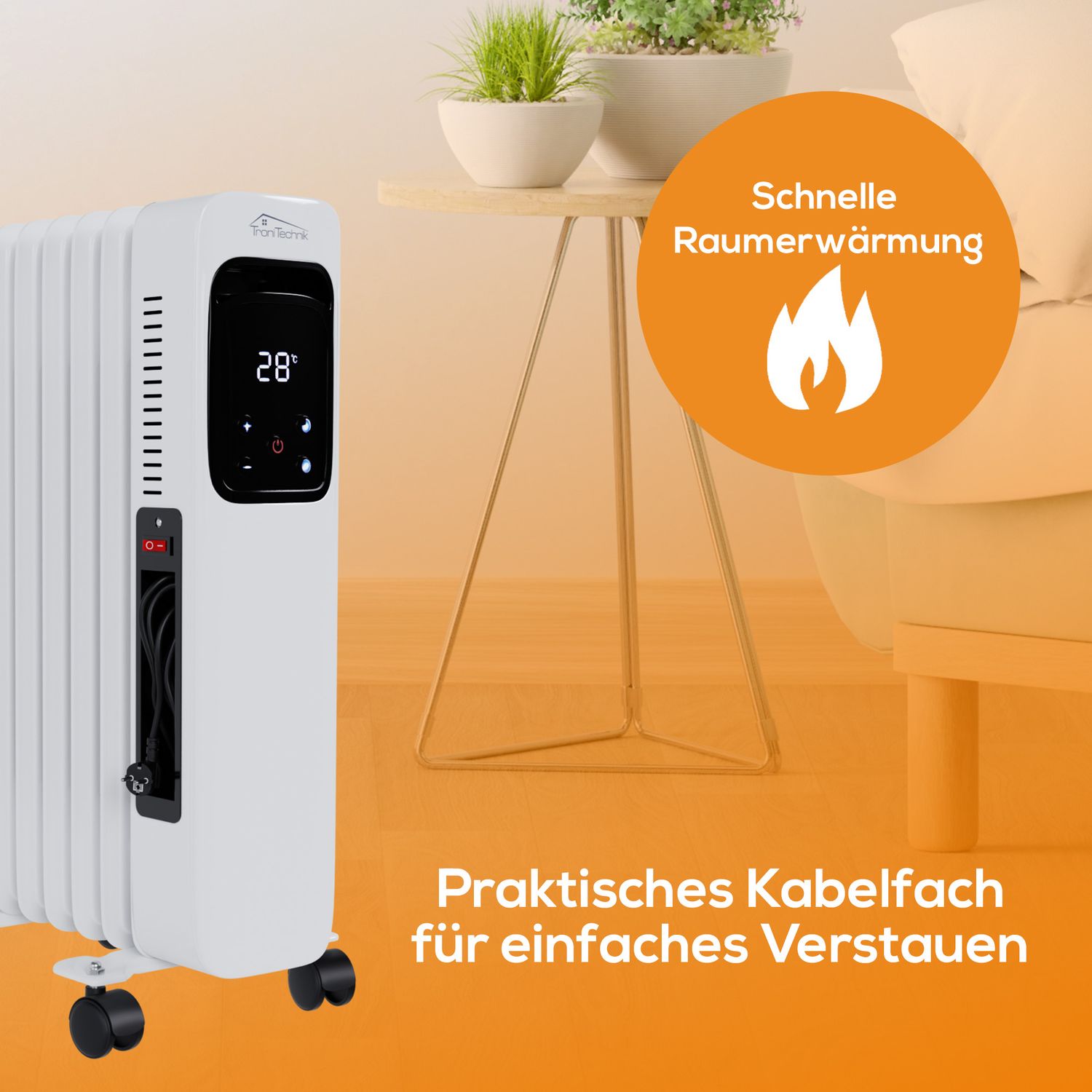 TroniTechnik® Ölradiator Elektroheizung TT-OR 307 in Weiß mit 7 Rippen und 1500 Watt, drei Heizstufen (600W, 900W, 1500W)