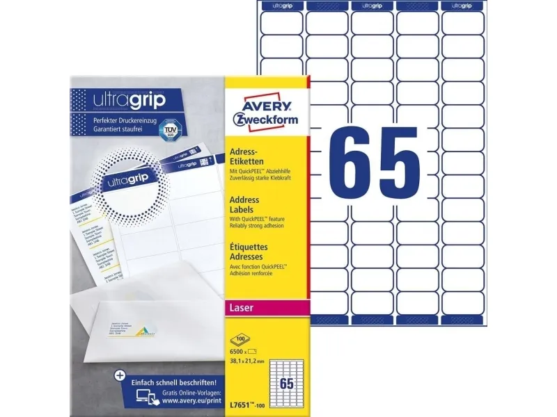 Laseretiket Avery 38,1x21,2 mm hvid med QuickPEEL™ - (100 ark x 65 stk.)