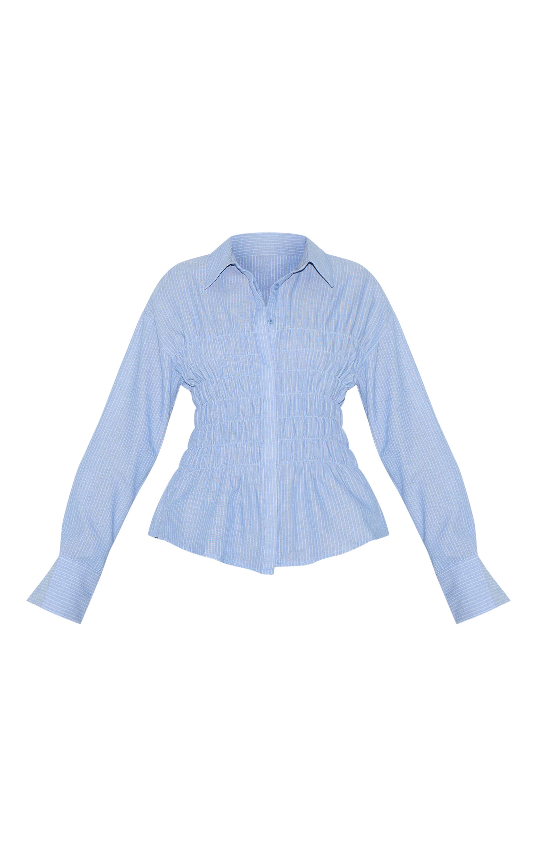 Bleu Chemise Cintrée À Rayures Froncées