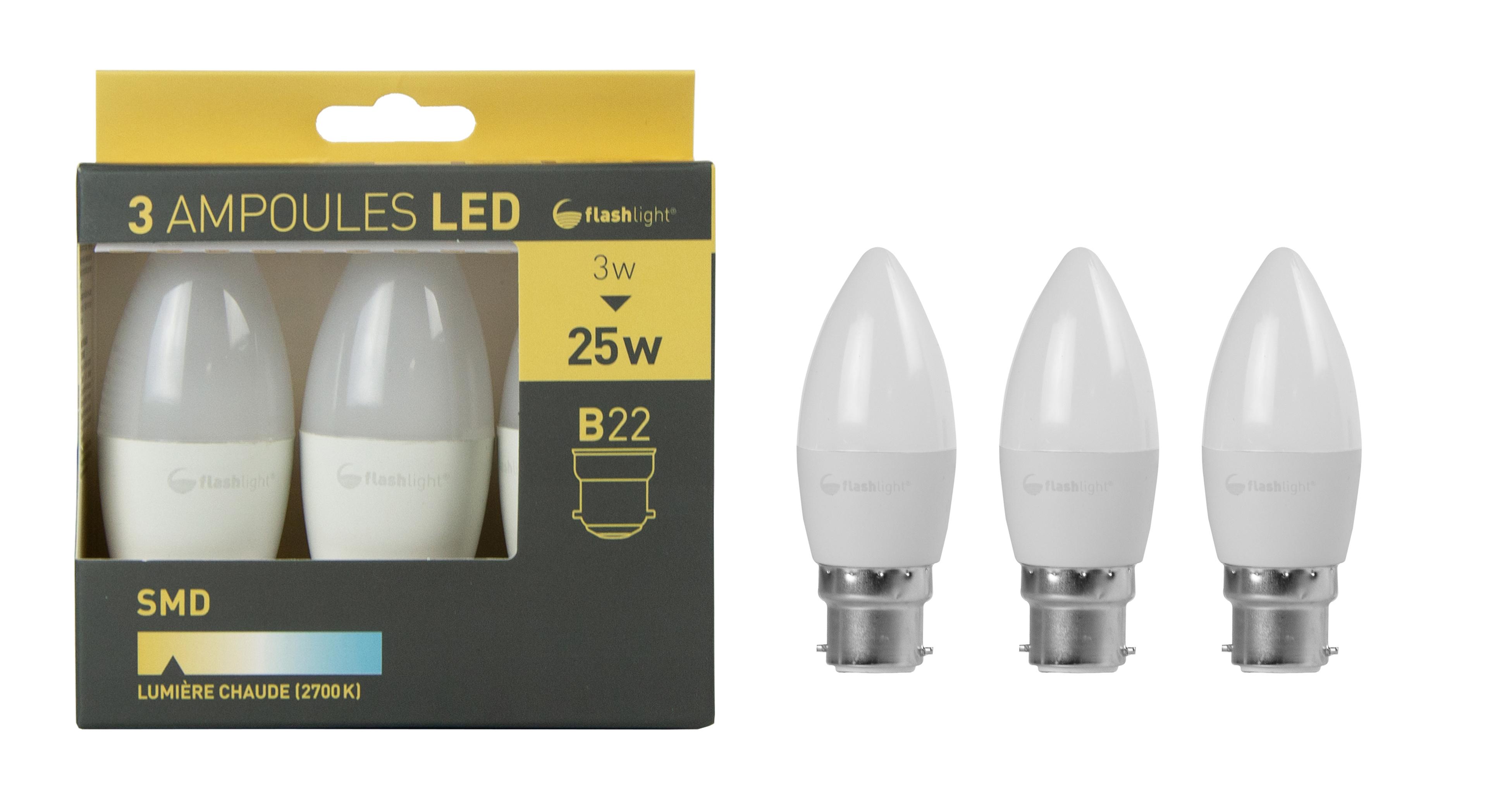 3 AMPOULES LED BOUGIE B22 3W