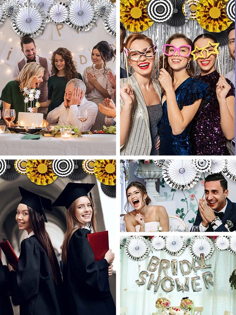(8er Set) Papier Fächer Deko Rosetten Party / Geburtstag / Hochzeit - Weiss / Silber