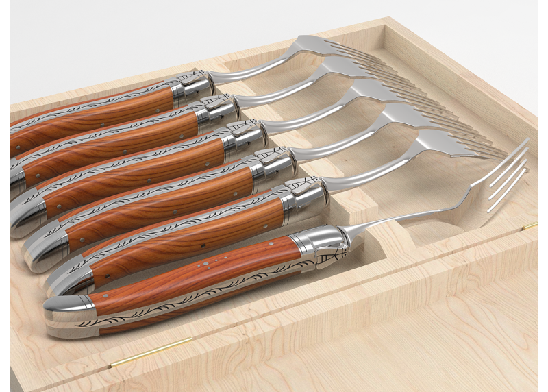 Service de 6 fourchettes Laguiole avec un manche en bois d'If et mitres en acier inoxydable