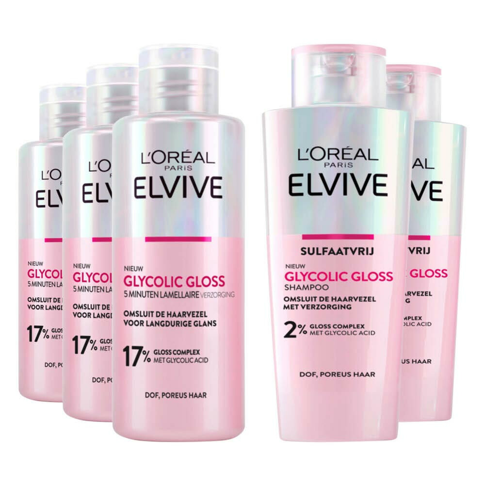 L'Oréal Elvive Glycolic Gloss - Shampoo 3 x 200 ml & Conditioner 2 x 200 ml - Pakket