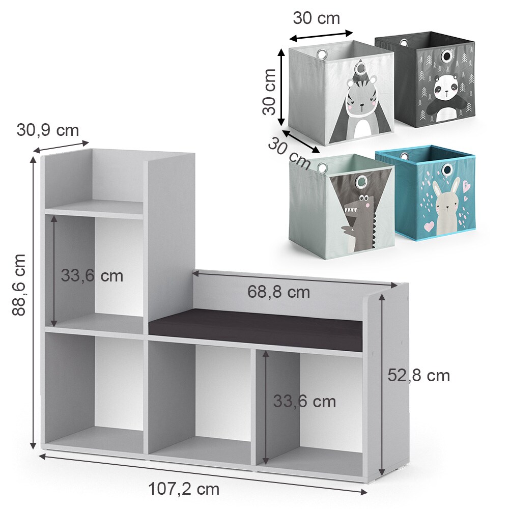 Vicco Bank-Regal Bücherregal Kinderregal Luigi Hellgrau 107x89 cm modern Faltbox Sitzbank Kinderzimmer Regal Wandregal Spielzeugregal Dekoregal Standregal Aufbewahrung Würfelregal Regal-Bank-Kombi