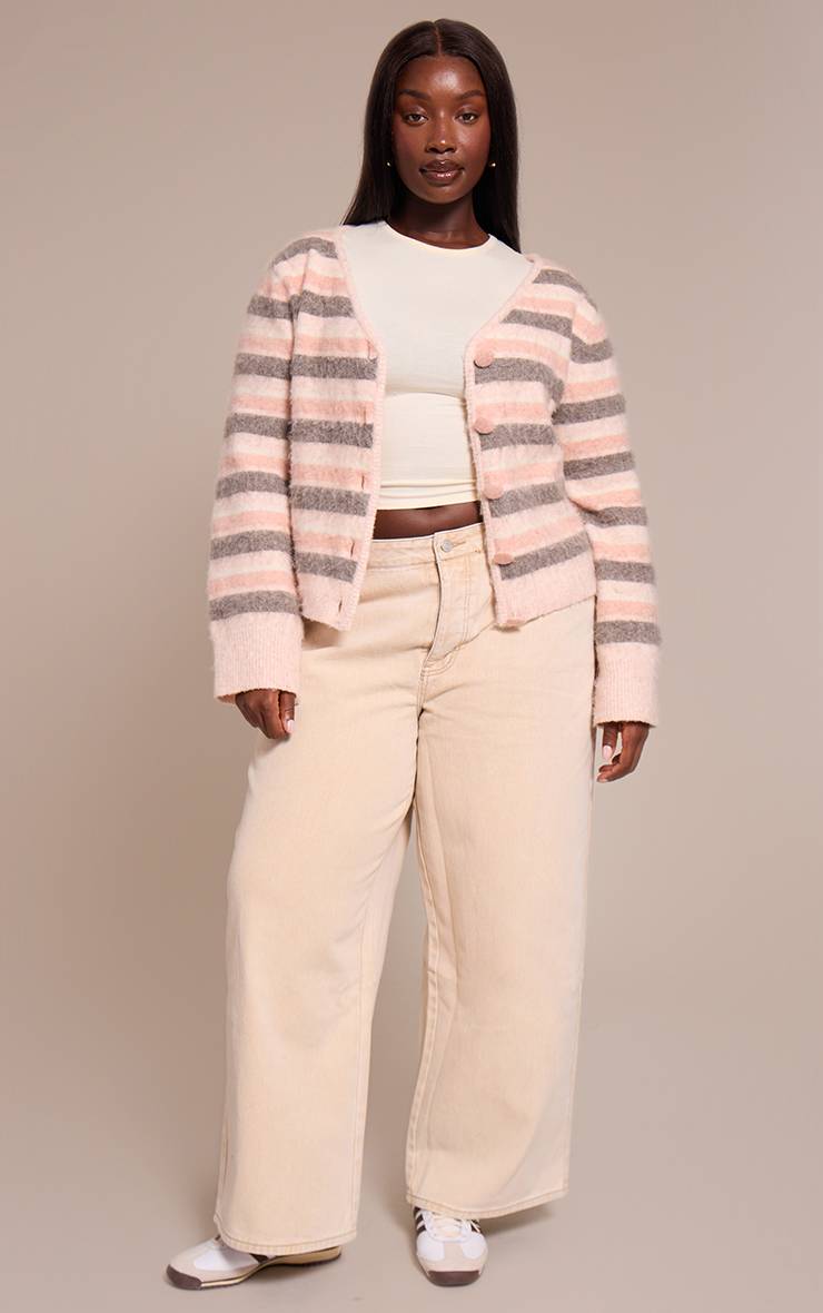 Rose Cardigan En Maille Brossée Grande Taille À Rayures Col V Et Boutons Recouverts