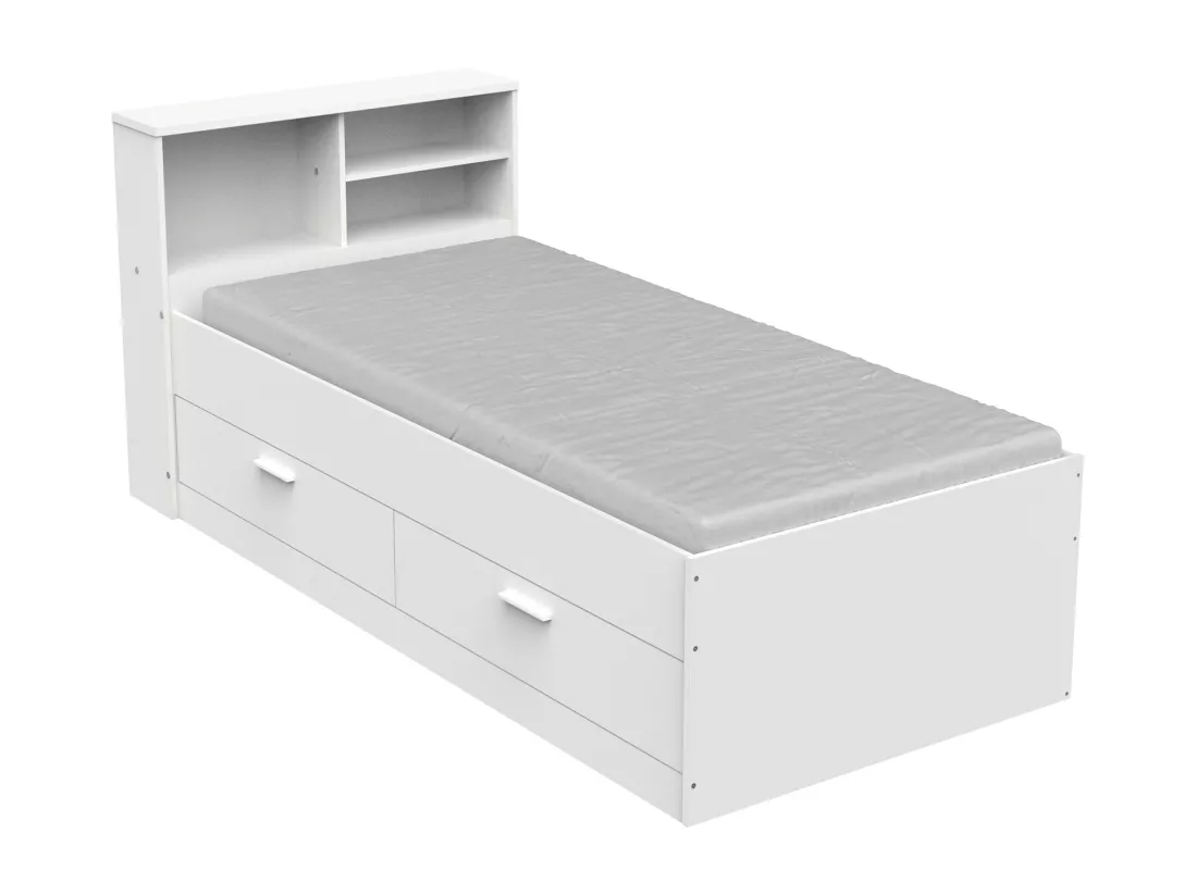 Lit 90 x 190 cm avec tiroirs et rangements - Coloris : Blanc - BORIS II