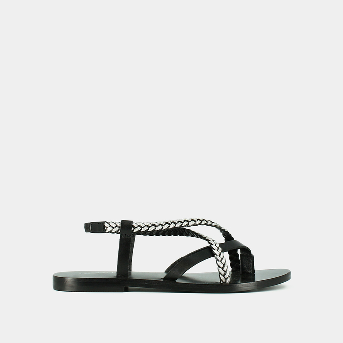 Sandales à brides tressées  en cuir noir et argent