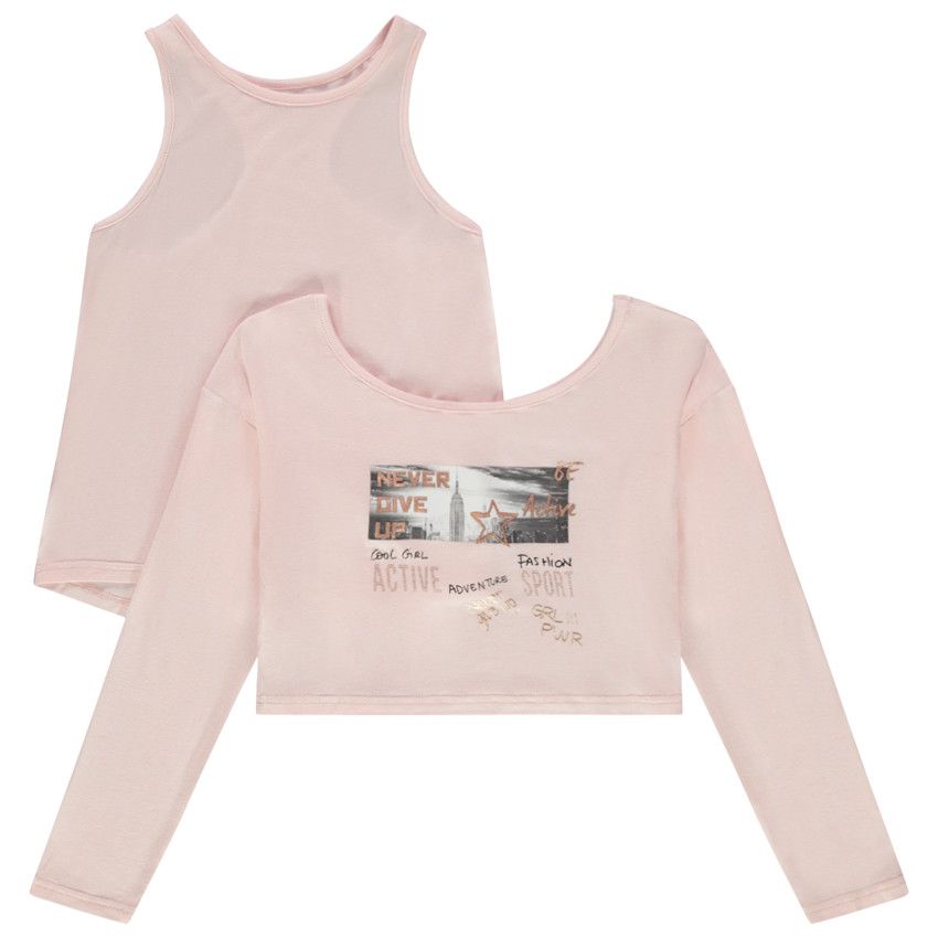 T-shirt manches longues print paysage avec débardeur uni - Rose
