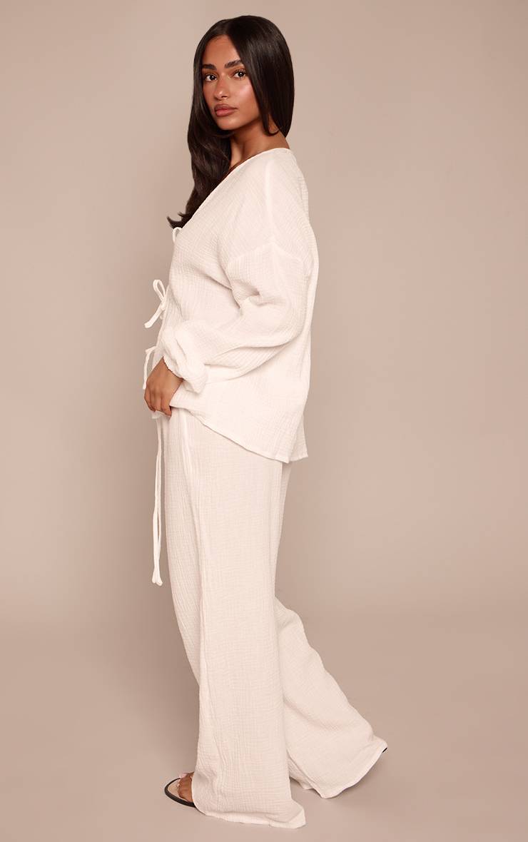 Blanc Ensemble Coordonné Pantalon Large Texturé En Étamine Petite