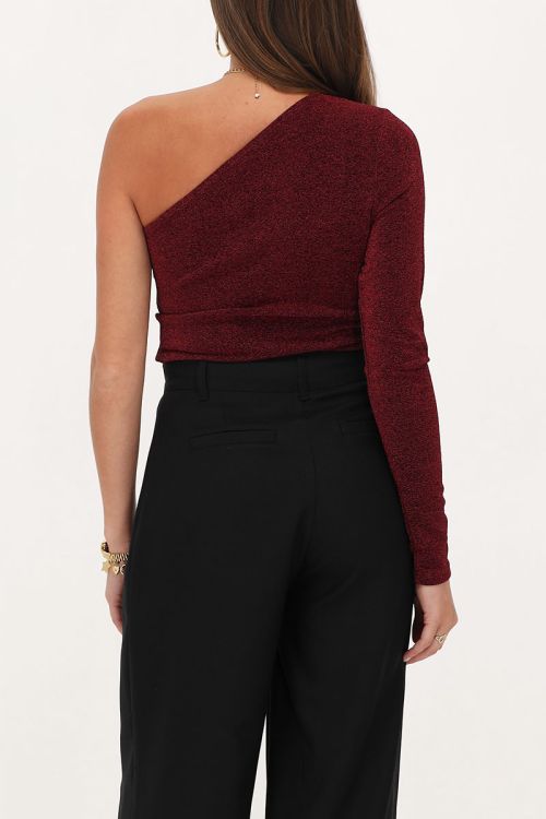 Burgundy lurex one-shoulder top
