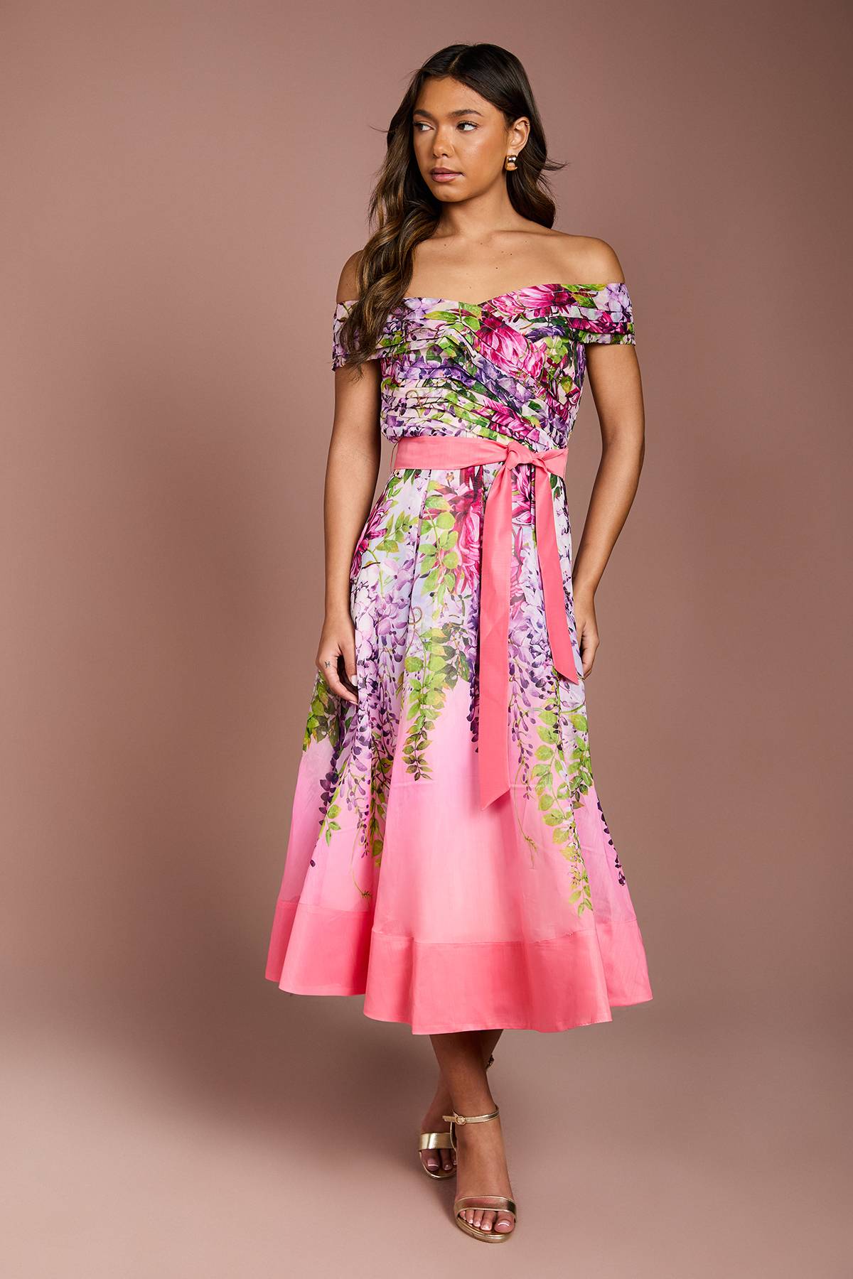 Coast Robe Midi Plissée à Imprimé Floral Style Bardot