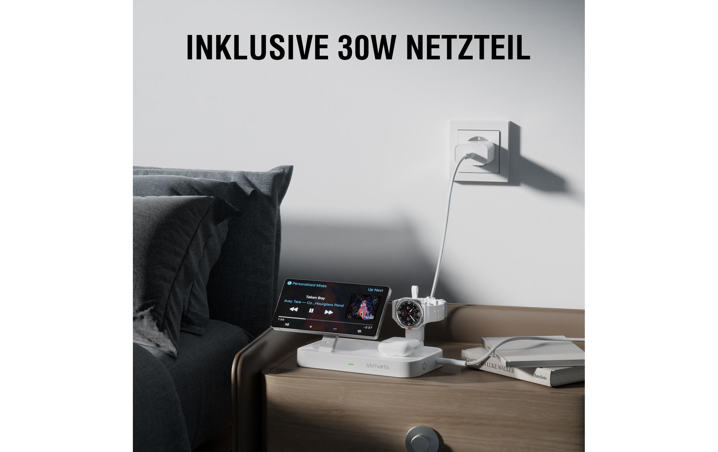 Qi2 Ladestation Trident mit Charger für Samsung Watch, weiss<br>Qi2 Ladestation Trident mit Charger für Samsung Watch, weiss, Magnetische Befestigung, Qi-Ladegerät, UltiMag-Ring im Set enthalten, Faltbar