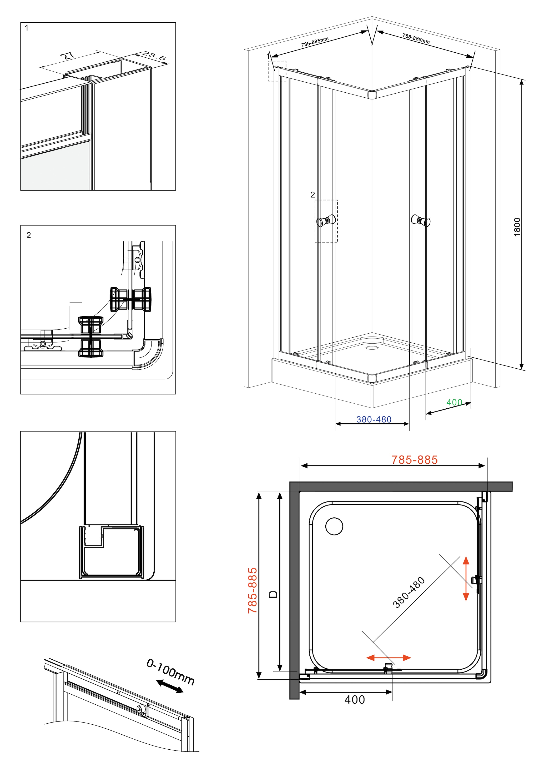 welltime Eckdusche »Trento« mit variablem Verstellbereich von 80-90cm, Eckdusche mit Schiebetüren
