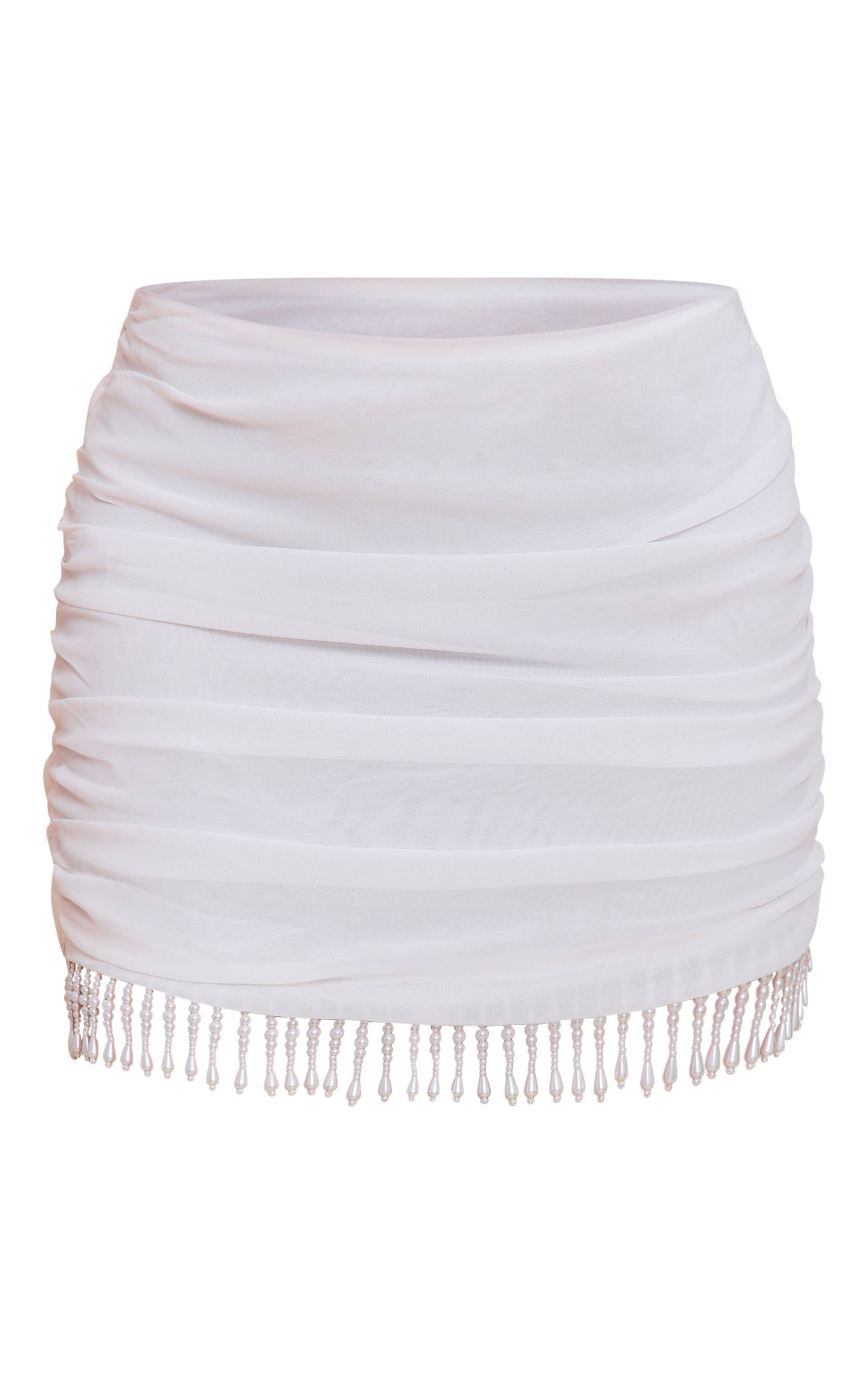 Blanc Mini-jupe En Mousseline À Pompons De Perles