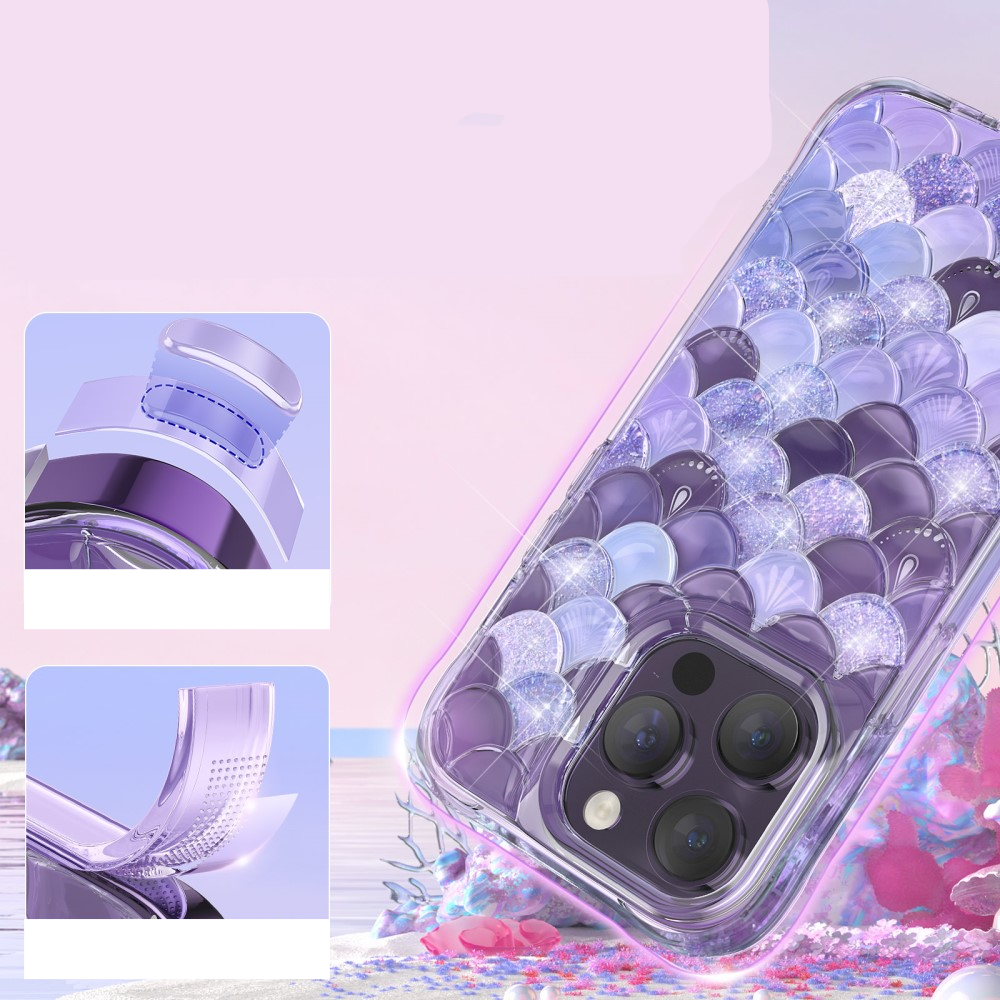 iPhone 14 Pro Max 3D Gummi Case Schutzhülle im Glitzer Meerjungfrau Mermaid Design - Lila / Transparent