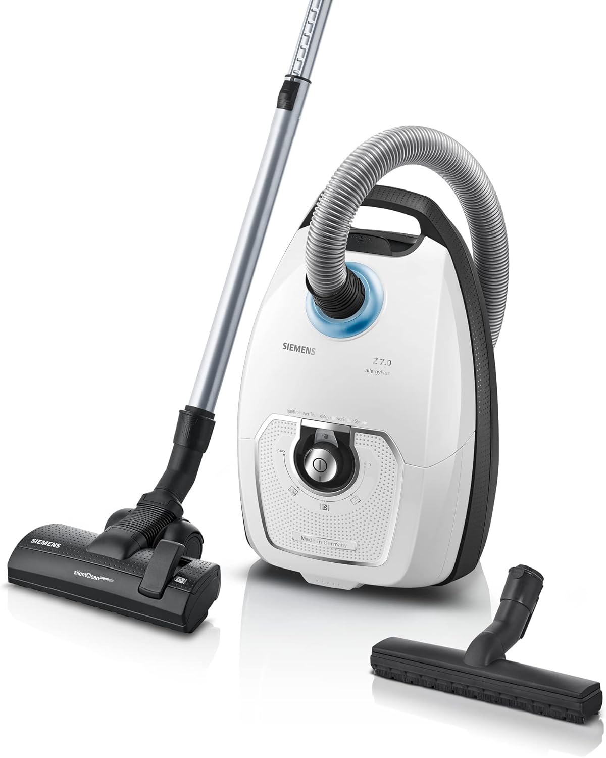Siemens Staubsauger mit Beutel Z 7.0 VSZ7442S, ideal für Allergiker, Hygiene-Filter Plus, extrem leise, Bodendüse für Parkett, Teppich, Fliesen, langes Kabel, XXL-Polsterdüse, Fugendüse, 650 W, weiß