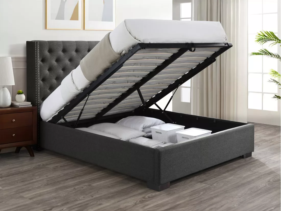 Lit coffre 180 x 200 cm avec tête de lit capitonnée - Tissu - Gris + Matelas - MASSIMO