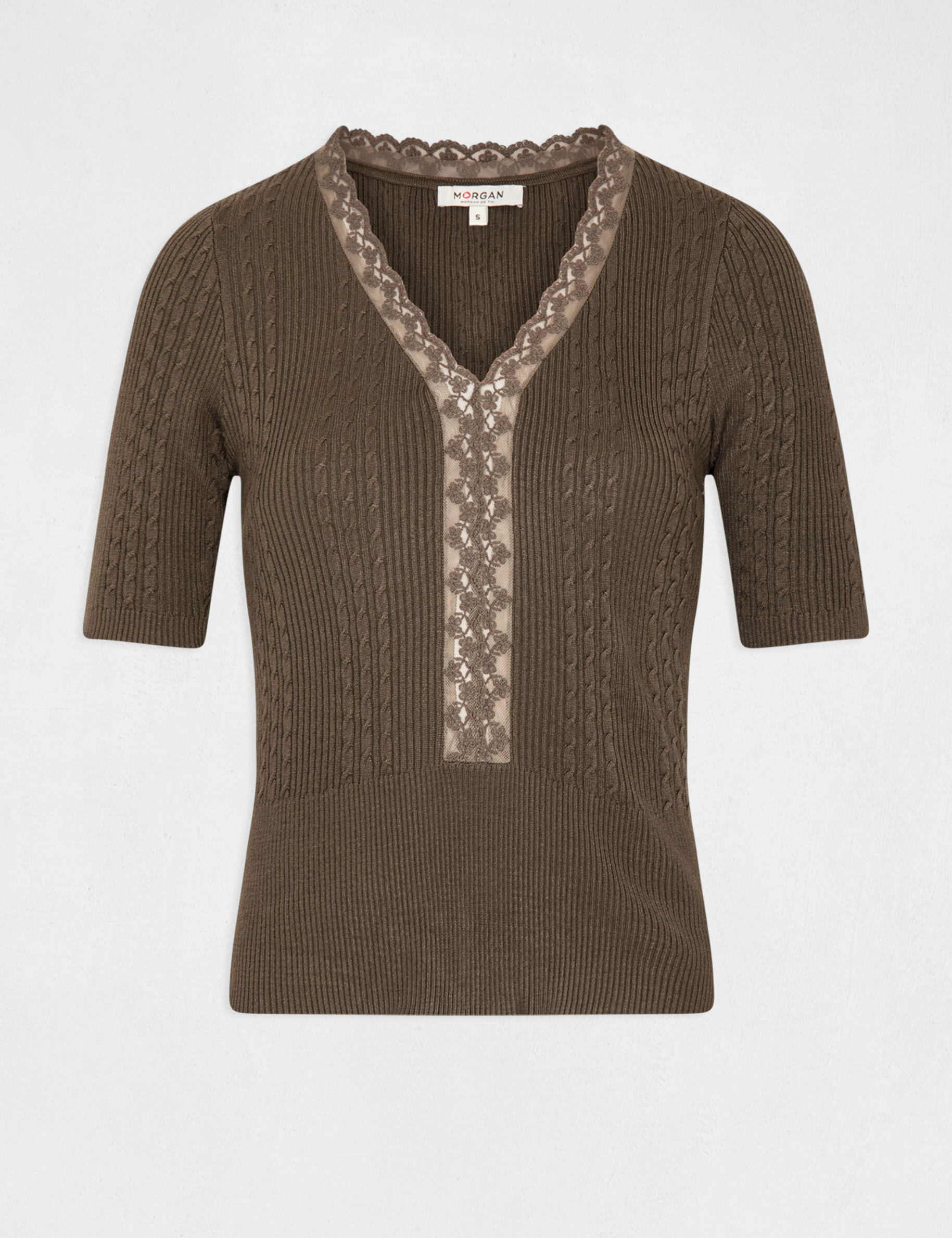 Pull manches courtes avec col en V vert kaki femme - vert_kaki