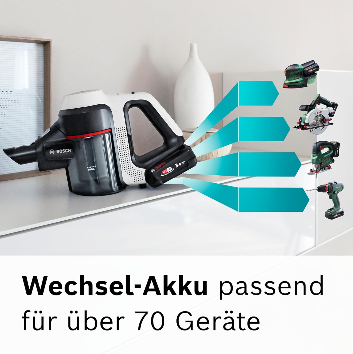 Bosch Akku-Staubsauger Unlimited 7 BKS711MTB, kabelloser Handstaubsauger, beutellos, Wechselakku, Knickrohr, Hygiene-Filter, 10 Jahre Motorgarantie, Mini-Turbo-Düse, LED-Beleuchtung, Turbostufe, weiß