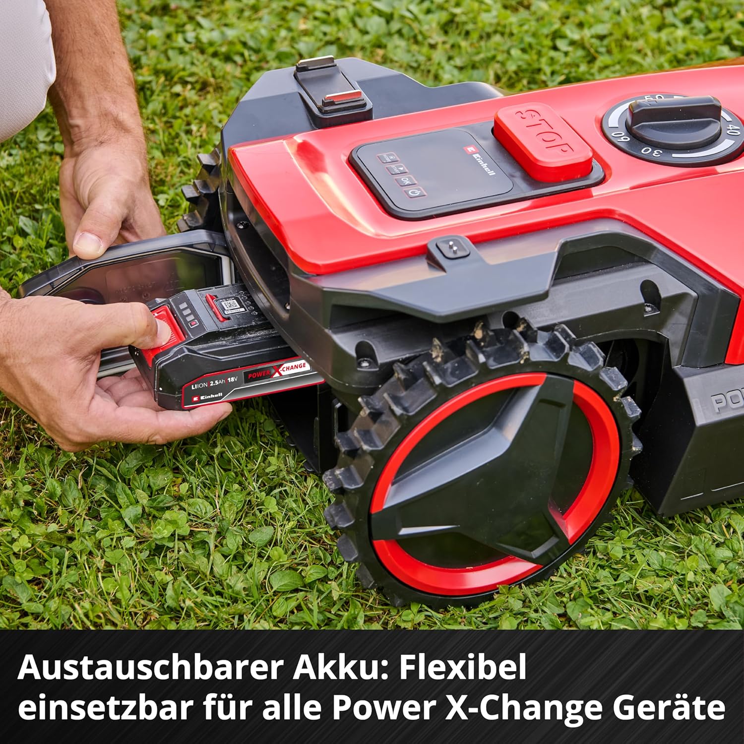 Einhell Mähroboter FREELEXO 500 Power X-Change (18 V, App-Steuerung, IPX5, Over-The-Air Updates via Wi-Fi, inkl. Installationsequipment für 500 m² + 2,5 Ah Plus Akku)