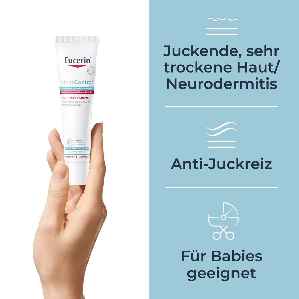 Eucerin® AtopiControl Akutpflege Creme reduziert Juckreiz und lindert Rötungen bei akuten Neurodermitisschüben. - Jetzt 3€ sparen mit Code 