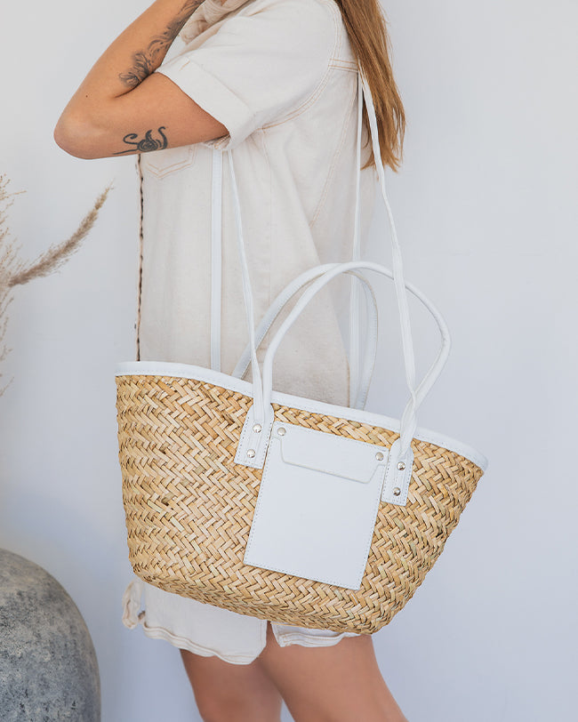 Sac panier femme raphia et simili cuir beige et blanc - Julia